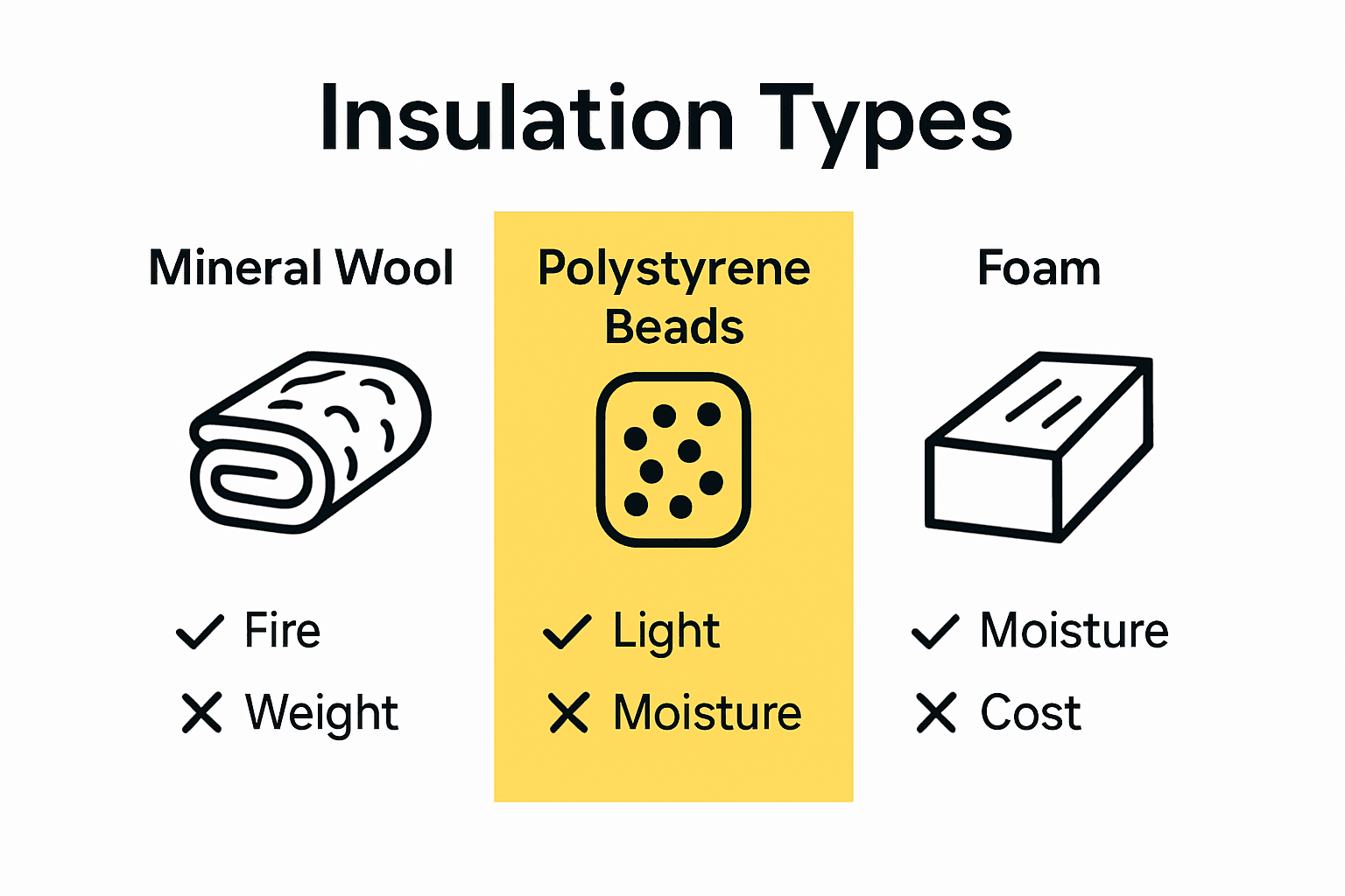 Infographic comparing mineral wool, polystyrene beads, and foam for cavity wall insulation.