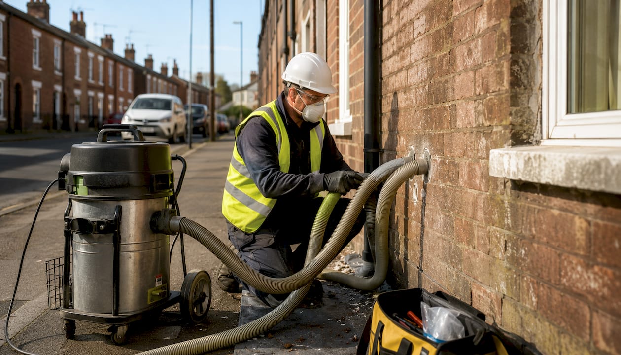 Technician performing blown insulation extraction outside UK house