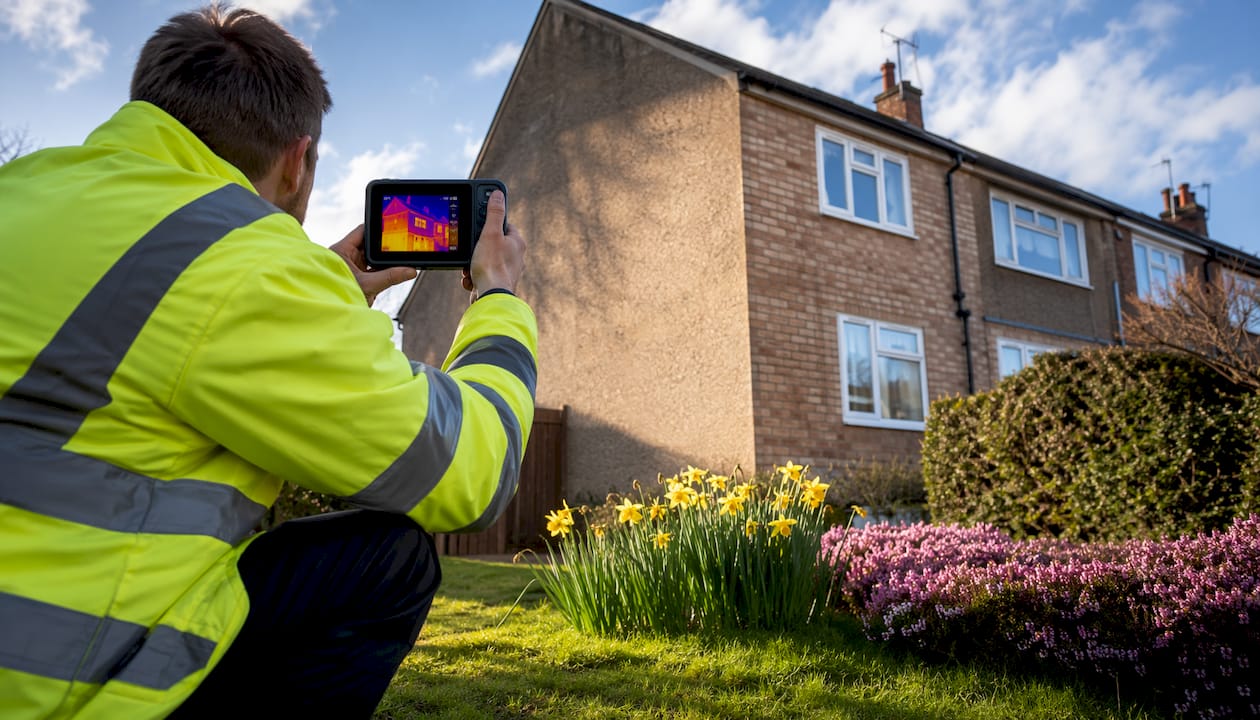 Thermal imaging camera inspecting UK house wall