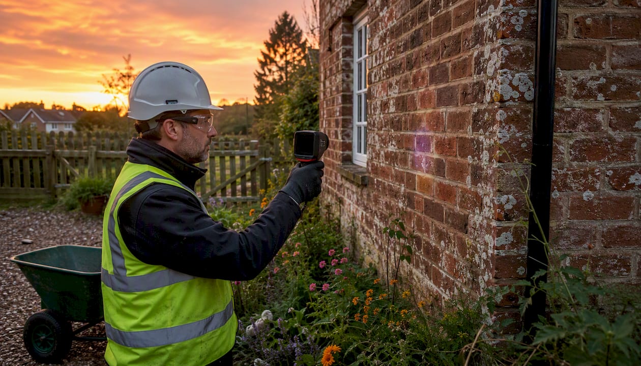 Inspector using thermal camera on bungalow wall
