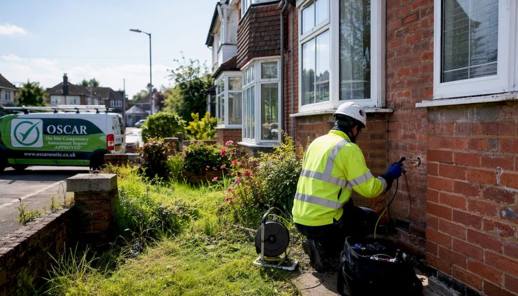 Surveyor inspecting UK house cavity wall