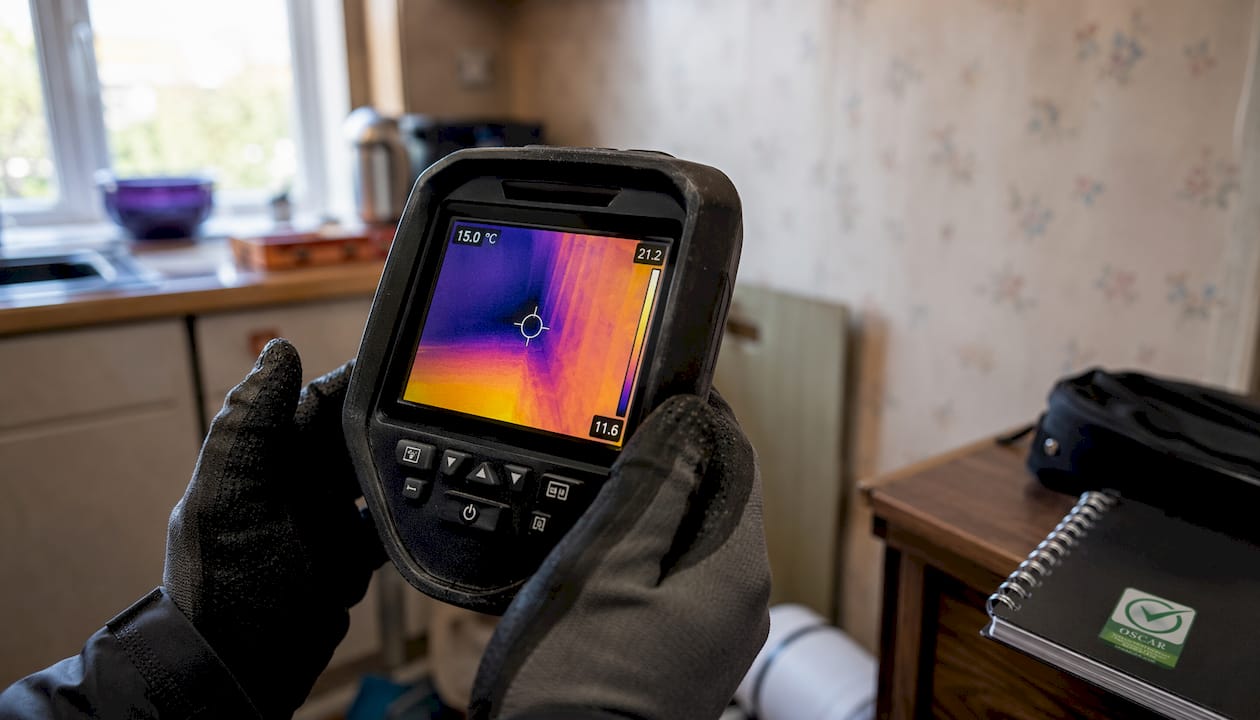 Close-up of thermal imaging camera in use on brick wall