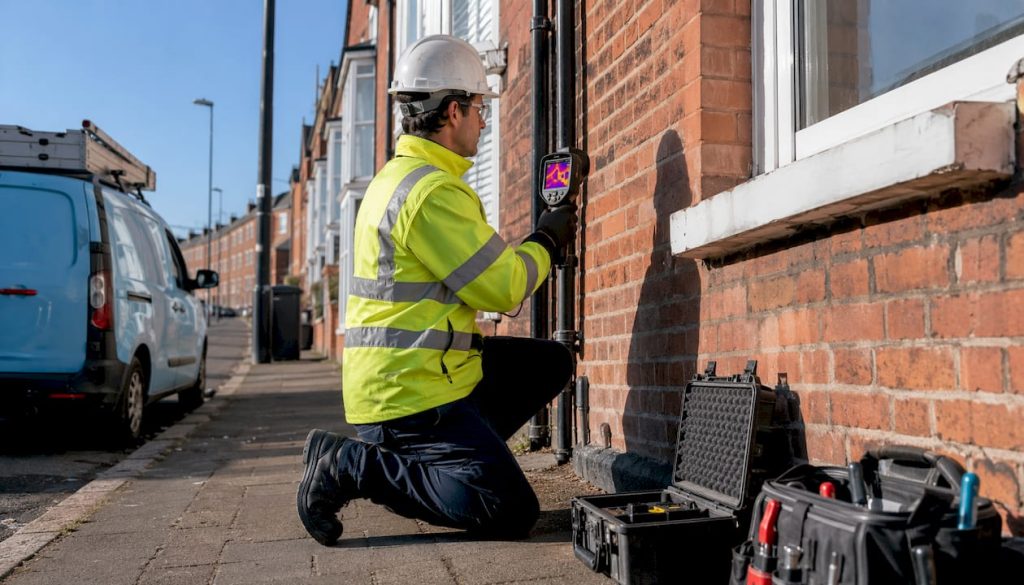 Surveyor using thermal camera on brick house wall