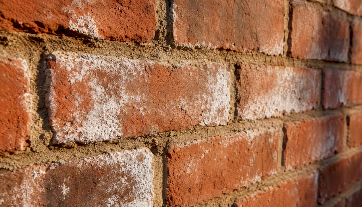 Close-up of UK brickwork with efflorescence deposits