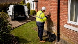 Surveyor inspecting cavity wall of UK semi-detached house