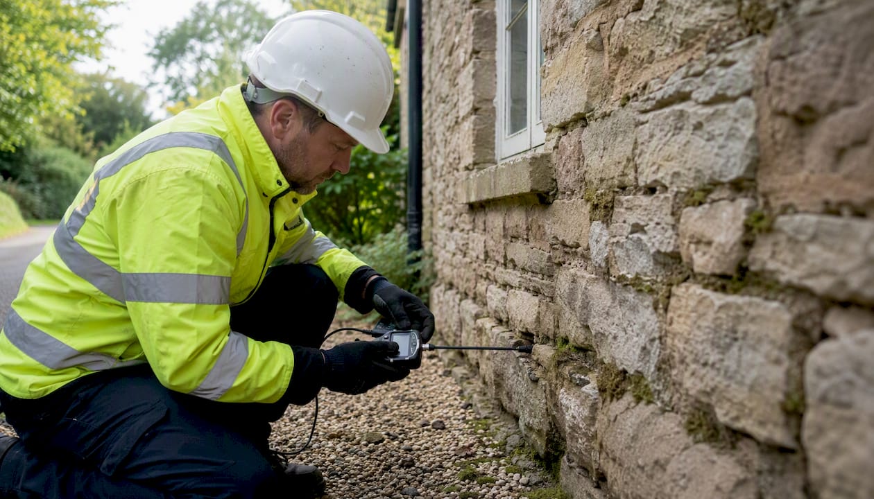 Surveyor inspecting blocked weep hole with borescope