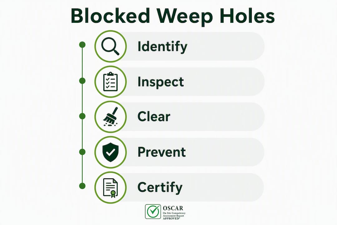 Infographic illustrating steps for managing blocked weep holes