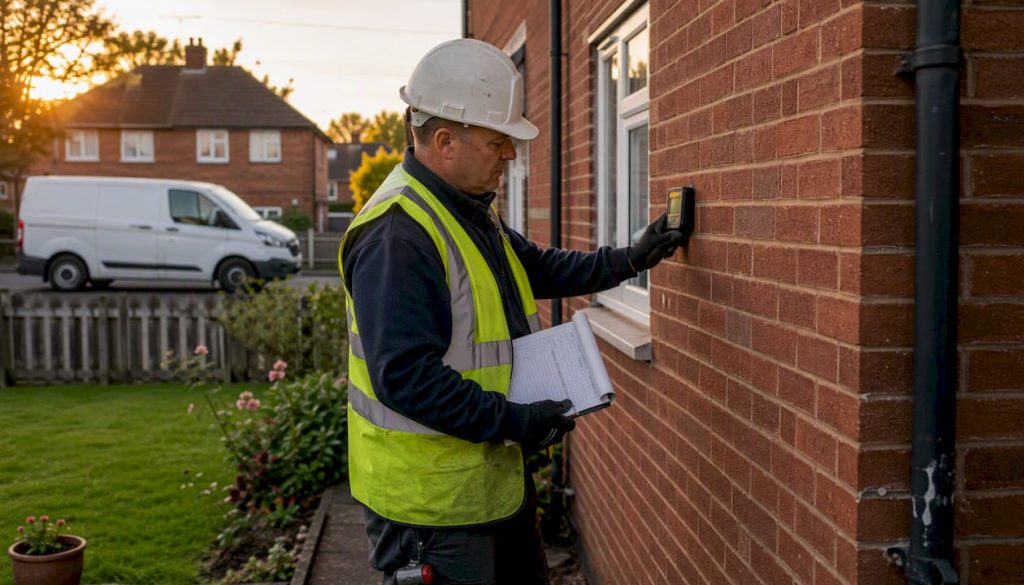 Surveyor inspecting UK suburban house brickwork