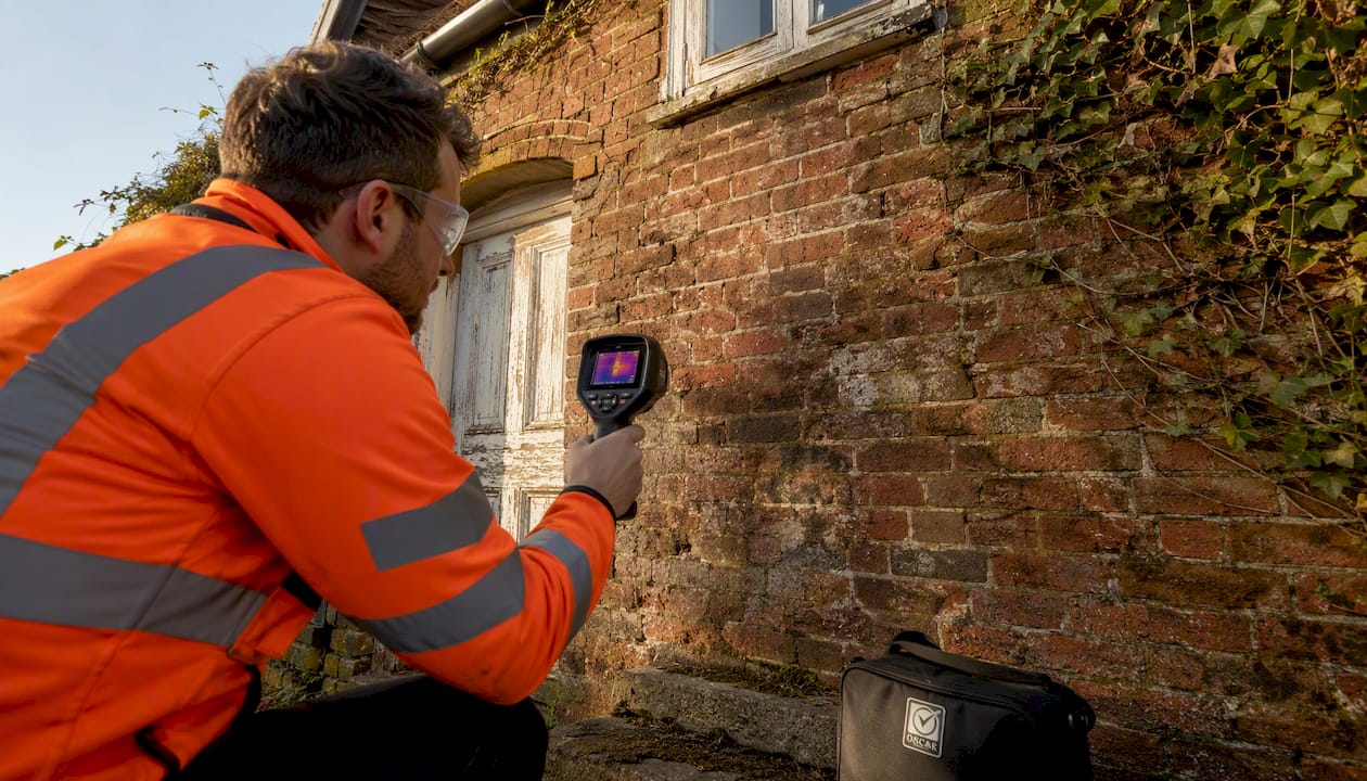 Thermal imaging of damp UK terraced house wall