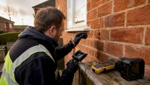 Surveyor inspecting cavity wall insulation with borescope