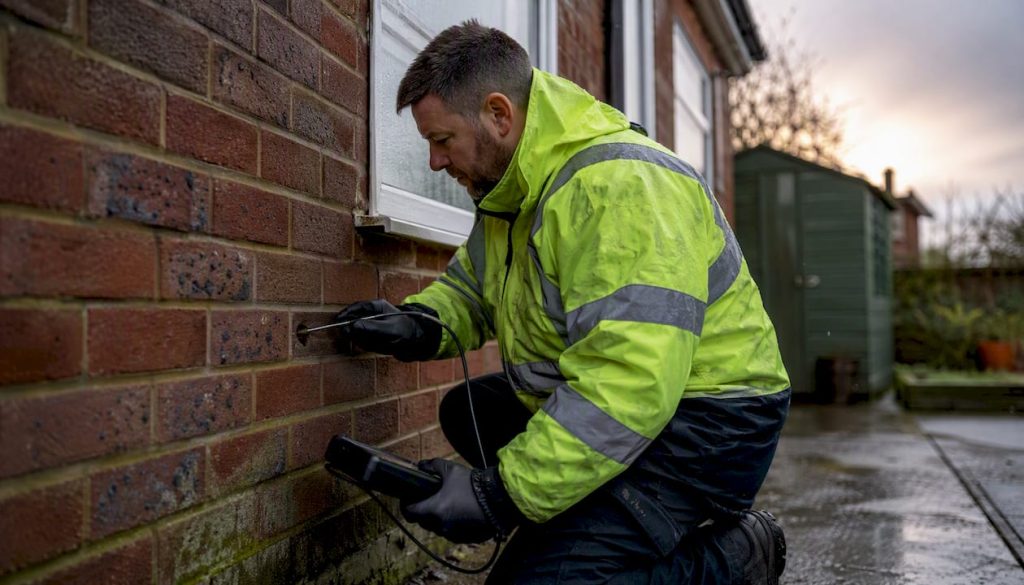 Surveyor inspecting UK brick wall cavity with borescope