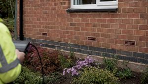 UK brick house with cavity wall vents visible