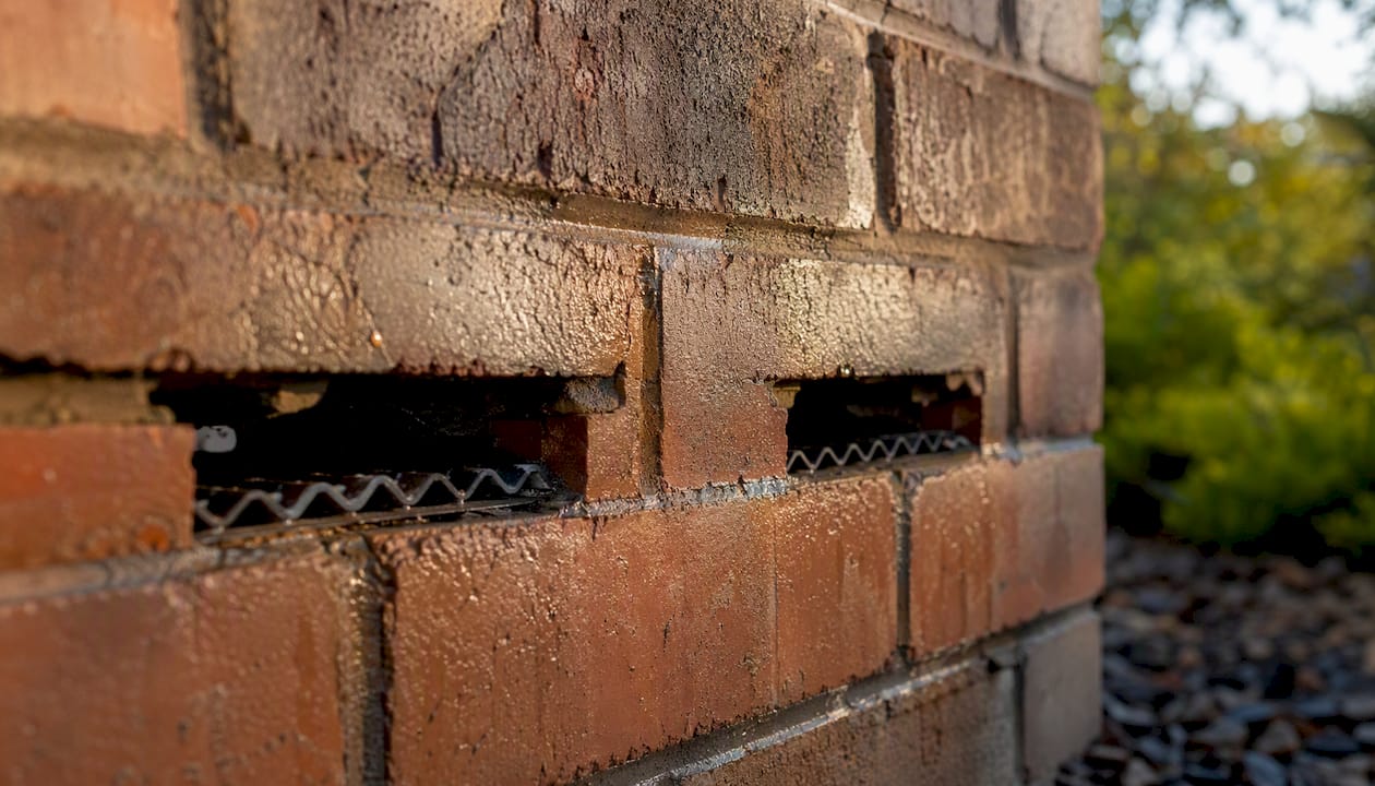 Close-up of masonry weep holes above cavity tray
