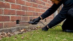 Surveyor inspecting cavity wall weep holes