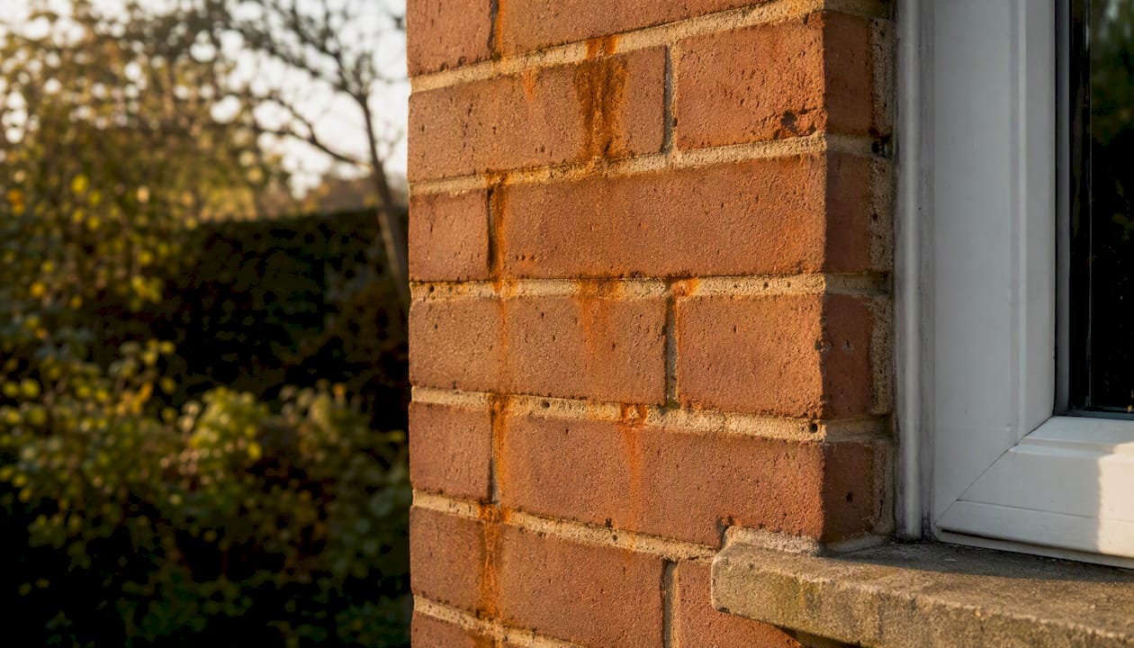 Rust staining near window on brick wall
