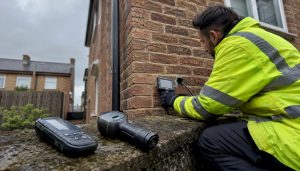 Surveyor using borescope to inspect cavity wall