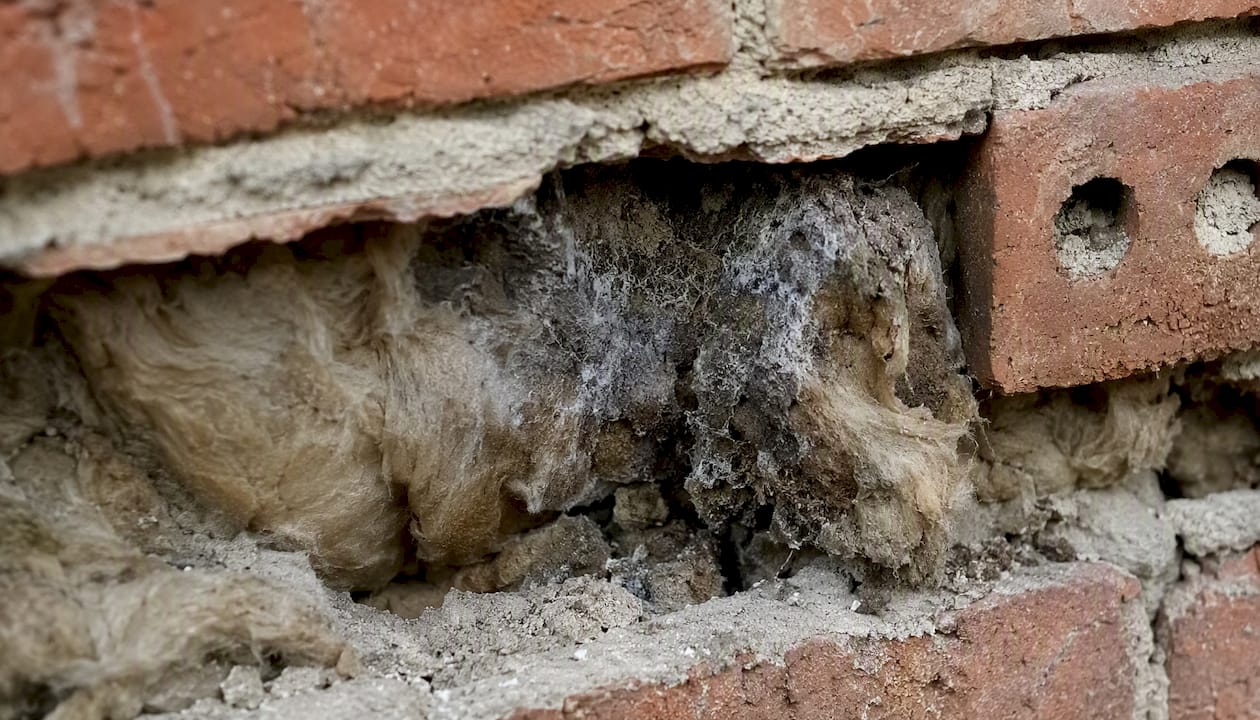 Close-up of damp cavity wall insulation damage