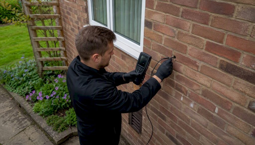 Surveyor inspecting cavity wall with borescope on UK house