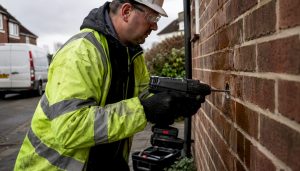 Surveyor drilling inspection hole in mineral wool cavity