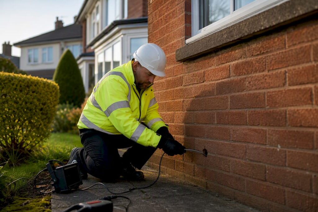 Surveyor inspecting cavity wall insulation with borescope