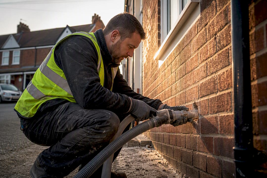 Surveyor extracting cavity wall insulation outdoors