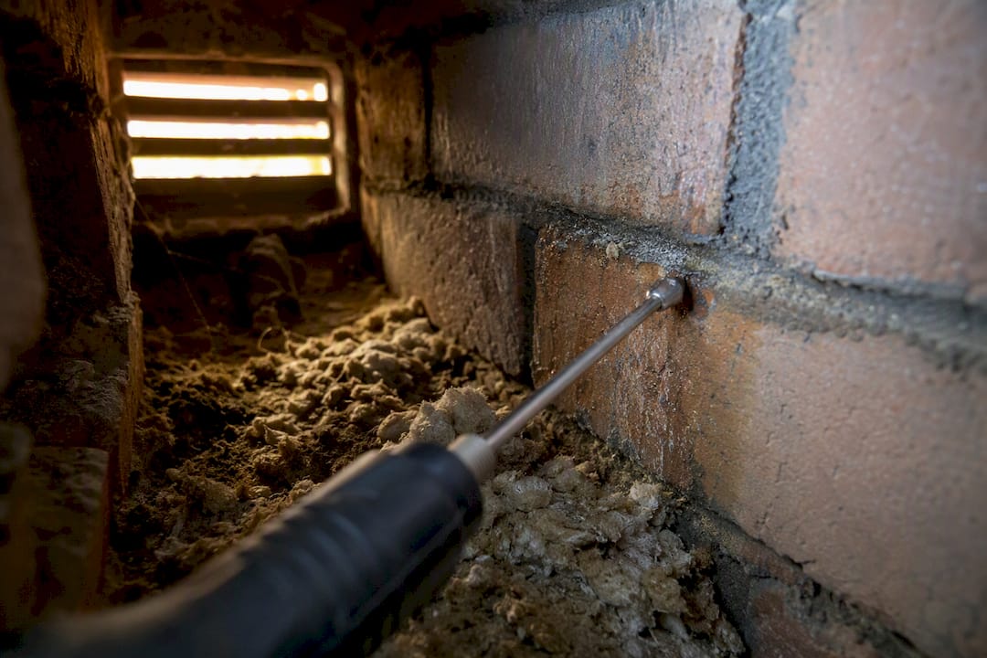 Damp insulation fibers inside UK brick cavity