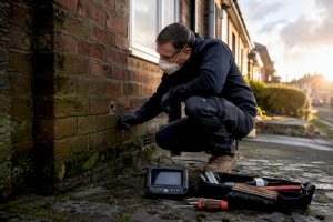 Surveyor inspecting flooded cavity wall insulation