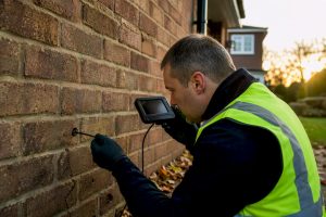 Surveyor inspecting cavity wall with borescope