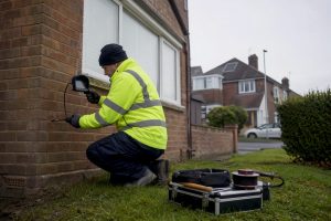 Surveyor inspecting cavity wall with borescope