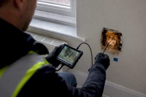 Borescope inspecting bird debris inside cavity wall