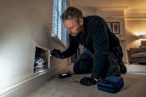 Surveyor examining cavity wall insulation evidence