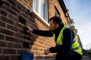 Surveyor checking cavity wall ventilation vents