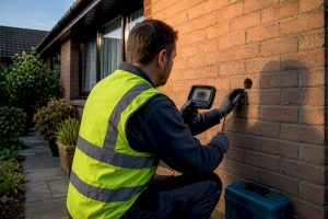 Surveyor examining bungalow cavity wall
