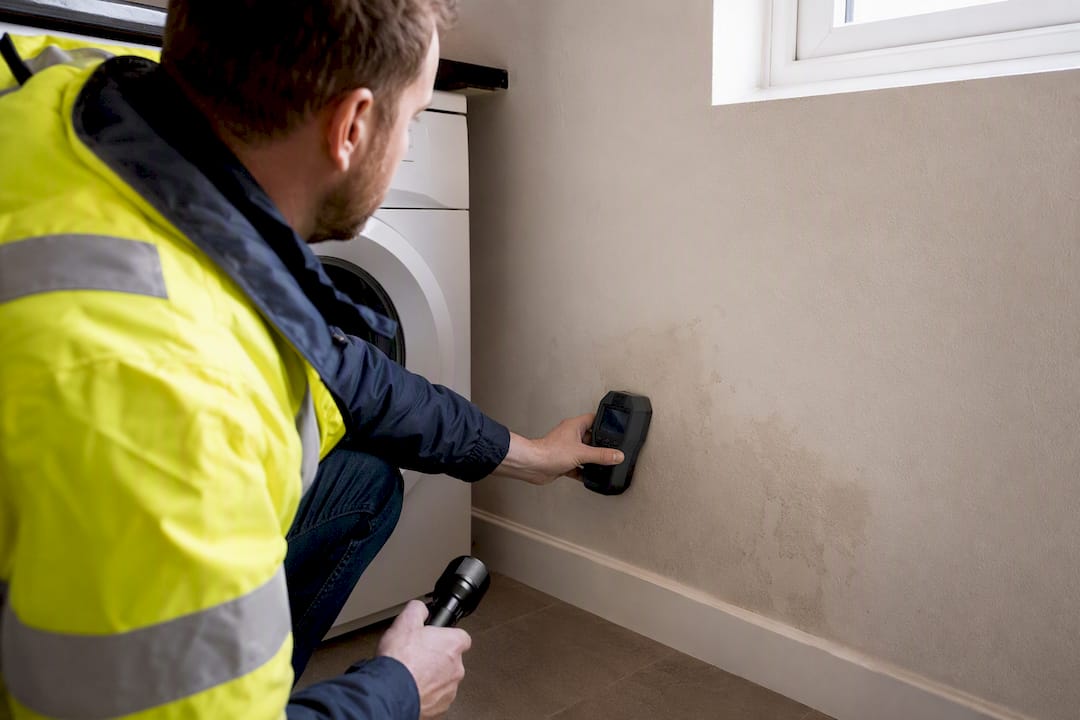 Surveyor taking moisture reading beside damp patch