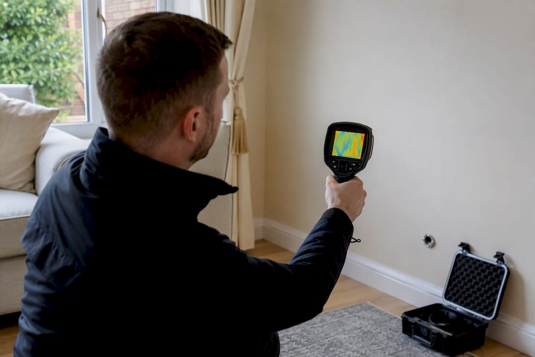 Surveyor using thermal camera on interior wall