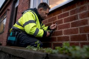 Surveyor inspecting UK cavity wall before insulation