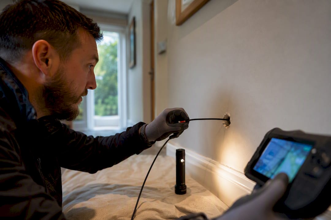 Borescope checking a cleared wall cavity