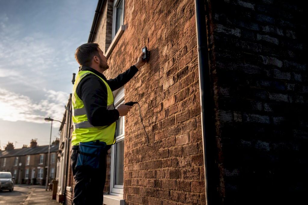 Surveyor assessing exposed brick gable elevation