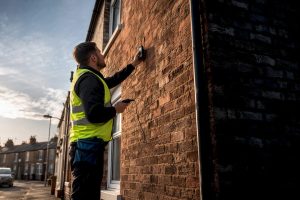 Surveyor assessing exposed brick gable elevation