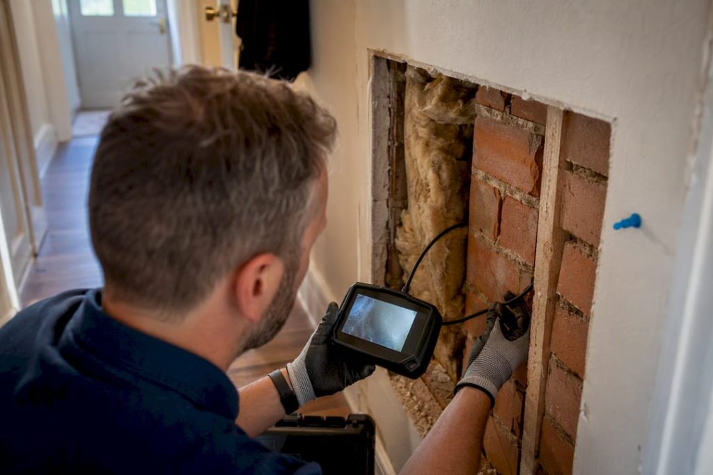 Surveyor inspecting cavity wall insulation evidence