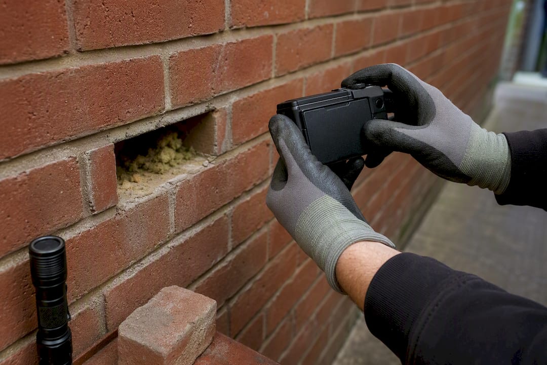 Trainee photographing exposed cavity wall evidence